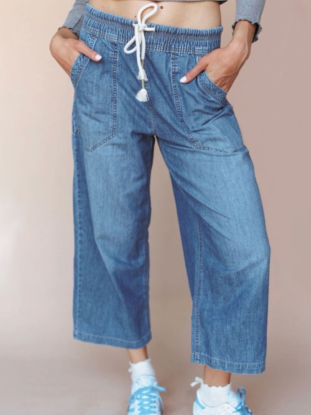 We The Free Easy Peasy Pull On Blue Wide-Leg Drawstring Jeans - M